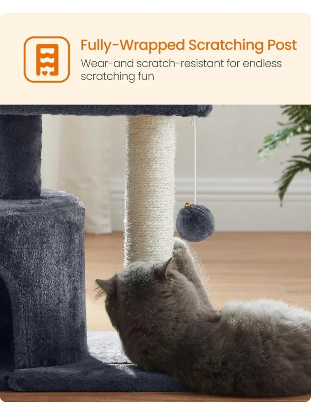 New Cat Tree Tower, Smoky Gray Condo with Sisal Scratching Post for Kittens